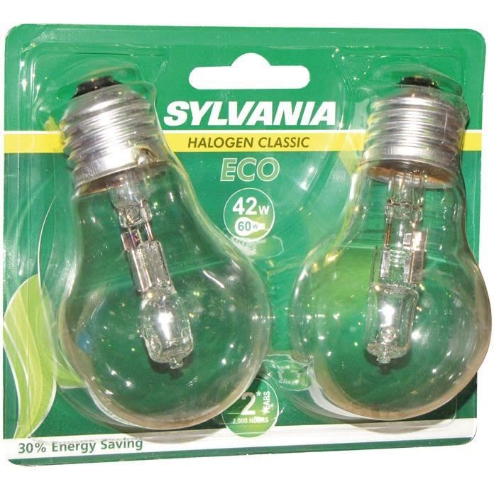 SYLVANIA Lot de 2 Ampoules halogènes Haleco standard - E27 - 42 W - 2 800 K - 630 lm