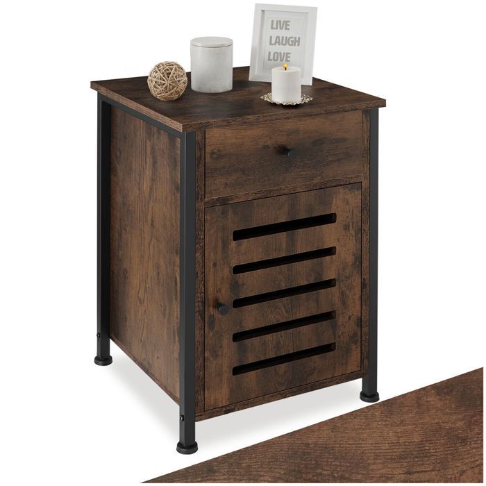 Table de chevet - TECTAKE - Chevet WATEFORD avec porte magnétique et étagère en bois et acier 40 x 42 x 605 cm - Bois foncé