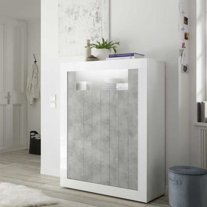 vaisselier 2 portes blanc/béton ciré clair - lubio - l 110 x l 42 x h 144
