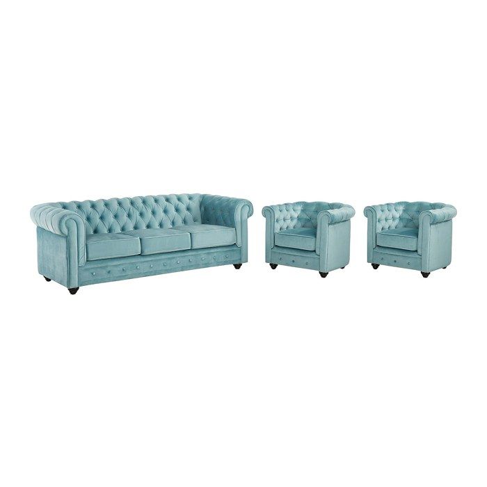 Canapé 3 places et 2 fauteuils CHESTERFIELD - Velours bleu pastel
