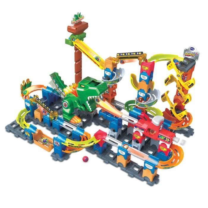 VTech Marble Rush Circuit à Billes Électronique Dino Adventure Magnetic Set XL400E Jeu de Construction Magnétique Dinosaure 100 Pièces 10 Billes Cadeau Enfant Dès Contenu en Français