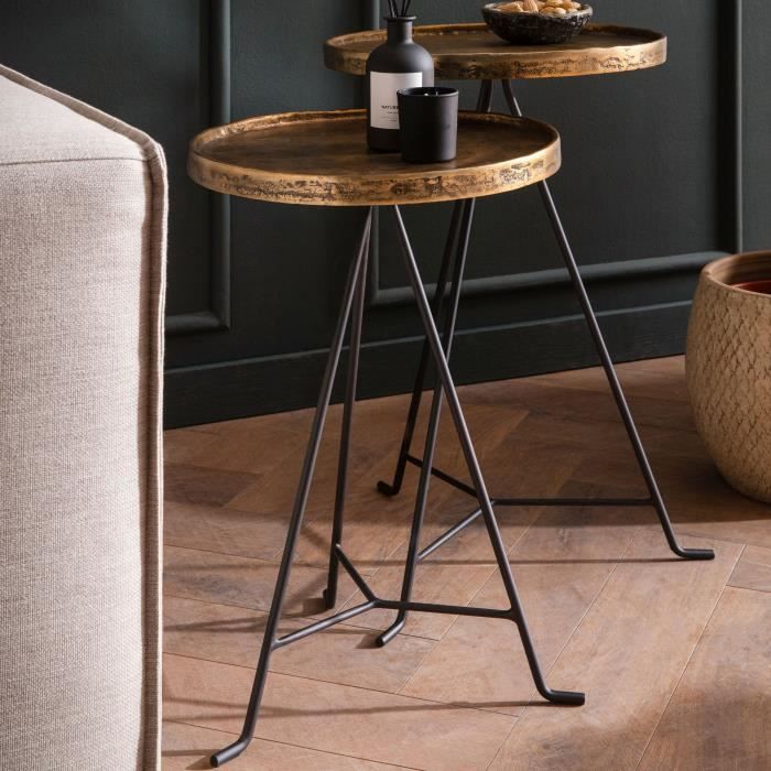 WOHNLING Table dappoint Lot de 2 Salon Tables Gigognes Rondes Métal Doré Noir