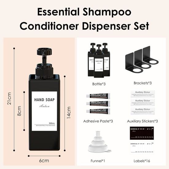 Distributeur Savon Mural 500ml - Lot De 3 - Rechargeable - Étiquettes Incluses - Marron