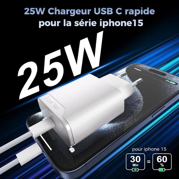 Chargeur Rapide 25W USB-C Pour IPhone 16/15, IPad, Samsung – Avec Câble Tressé 3 Mètres