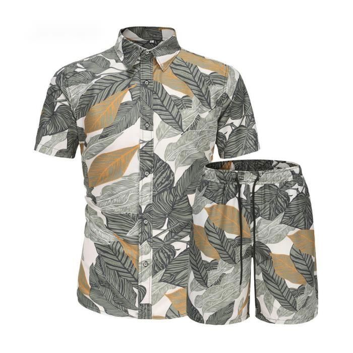 Ensemble Hawaïen 2 Pièces Homme - Chemise Et Shorts Imprimé Floral + Chapeau Bob - Tenue Tropicale Été