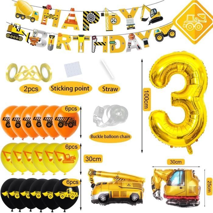 Décoration Anniversaire Thème Chantier - Pour Garçon 2 Ans - Inclut Ballons Alu, Bannière, Décorations Gâteau - Fête Pelleteuse, Camion, Grue