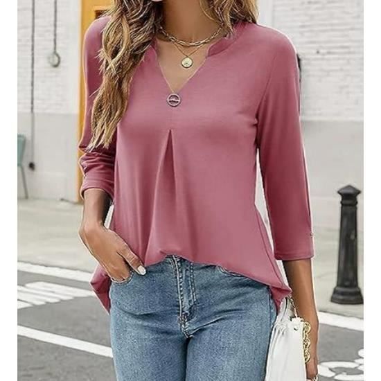Chemisier Femme à Col V Et Manches 3/4 - Léger, Décontracté, Pour Le Bureau - 95% Polyester, 5% Élasthanne