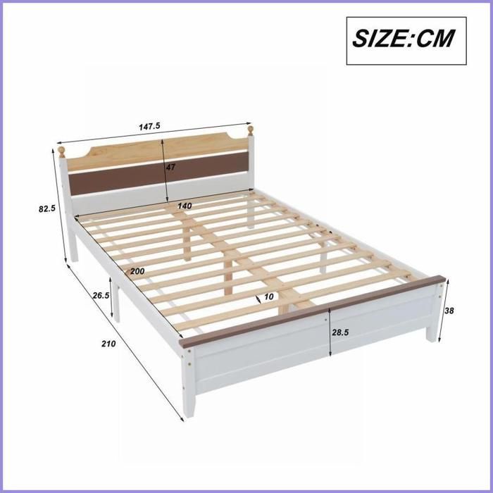 Lit Double 180x200 Cm En Bois Antique Avec Sommier à Lattes Fer - Tête De Lit Haute, Design Classique - Chambre Adulte/Ado