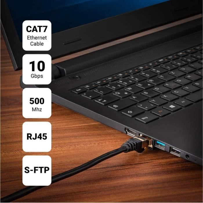 Câble Ethernet 15m Cat 7, Cable Patch LAN Noir, Haut Debit 10Gbit