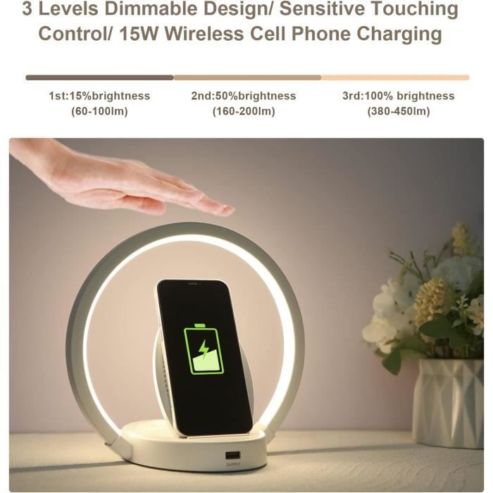Lampe de Chevet avec Fonction de Charge, 10W Chargeur Sans Fil, Réveil