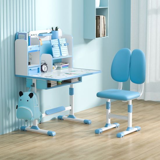 Ensemble bureau et chaise pour enfants FDW. Bureau d'étude pour école réglable en hauteur avec rangement Bleu