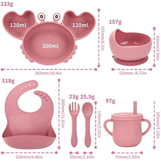 Set Alimentation Bébé PandaEar - Assiette Ventouse Crabe + Gobelet + Couverts Silicone - Rose