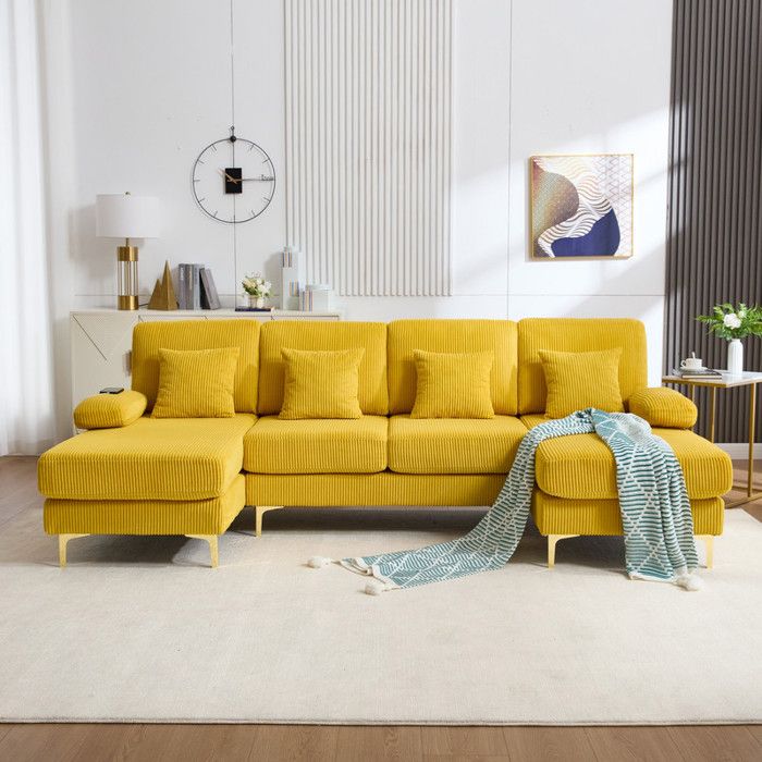 Canapé D'angle En U 4 Places Avec éclairage LED Et Port USB - Velours, Cadre Bois, Pattes Dorées, Couleur Jaune | Design Moderne, Spacieux Et Fonctionnel