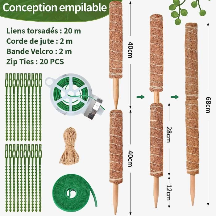 Lot 4 Tuteurs Coco 40 Cm – Bâton Plante Grimpante Naturel, Support Mousses Coco, Idéal Monstera & Plantes D’Intérieur