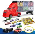Camion Porteur avec 12 Voitures Alliage Miniature - Rouge - Jouet de Transport avec Poignée Détachable-0