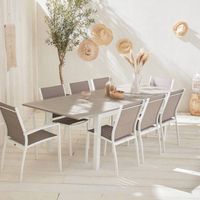 Salon de jardin - Chicago Blanc / Taupe - Table extensible 175/245cm avec rallonge et 8 assises en textilène