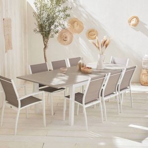 Ensemble table et chaise de jardin Salon de jardin - Chicago Blanc / Taupe - Table extensible 175/245cm avec rallonge et 8 assises en textilène
