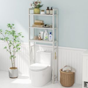 COLONNE - ARMOIRE WC COSTWAY Meuble WC Au-dessus de Toilettes en Métal avec 3 Crochets, 3 Étagères, Anti-basculement, 63 x 26,5 x 170 cm, Blanc