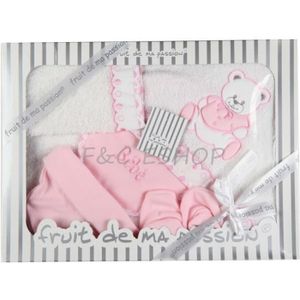 COFFRET CADEAU TEXTILE Coffret parure de bain naissance blanc/rose 6 pcs