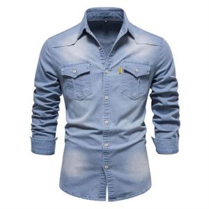 CHEMISE - CHEMISETTE FUNMOON FUNMOON Chemise En Denim Hommes Manche Longue PocheSlim Fit  Marque Luxe Couleur Unie