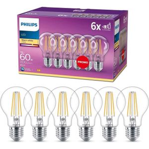 AMPOULE INTELLIGENTE Philips, pack de 6 ampoules E27 LED transparentes 60W, blanc chaud