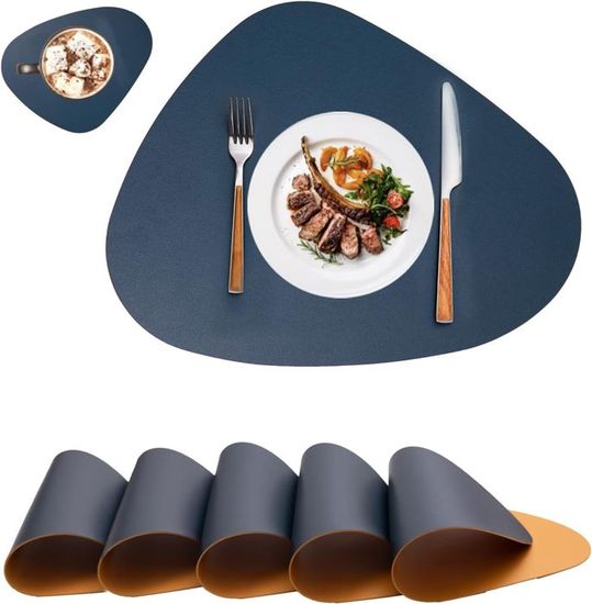 Myir JUN Set de Table Lot de 6 - 38cm Cuir et Dessous de Verre Double Face Lavable Imperméable Rond Plastique (Rouge & Noir