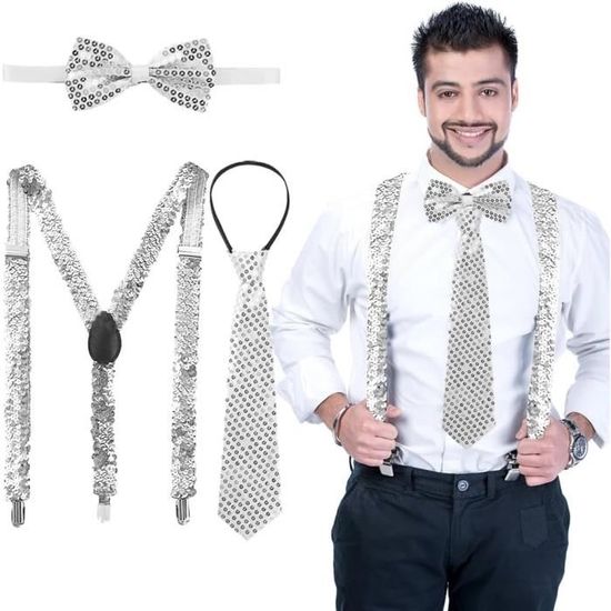 Anyingkai 4 Pièces Accessoires Paillettes Homme Femme - Chapeau, Nœud Papillon, Bretelles & Gants Pour Fêtes Disco, Carnaval Et Années 70-80