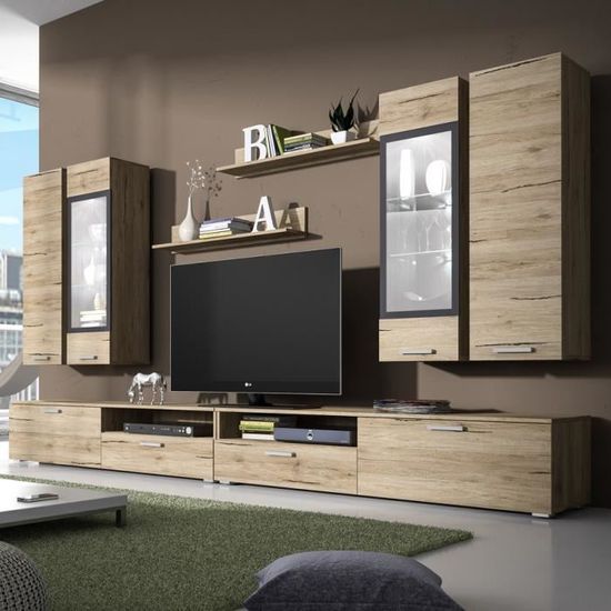 Ensemble Meuble Tv Couleur Chene Clair Et Gris Contemporain Rita 2 Sans Eclairage Cdiscount Maison