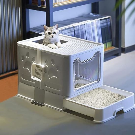 Hofuton Bac à Litière Pour Chat: Maison De Toilette Chat XXL Grande Caisse Chats Litiere Fermee Facile A Nettoyer Avec Pelle Et Brosse Pour Massage 48536538cm 76087998