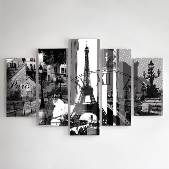 Tableau Décoration Murale 5 Panneaux Paris Tour Eiffel 100x150 cm Impression sur Toile ville architecture pour la Maison Salon