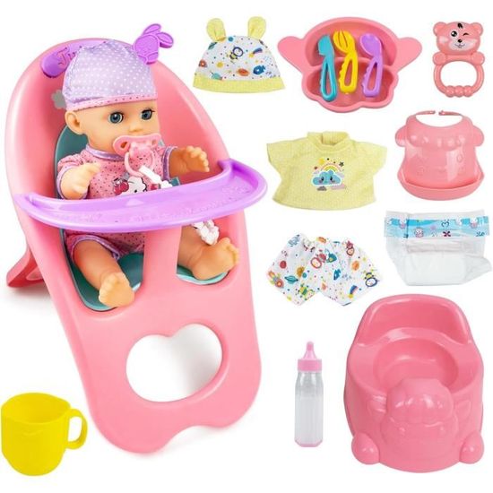 Poupée Bébé DeAO 38 Cm Corps Souple – 4 Tenues + Accessoires Coiffure, Cadeau Fille Dès 3 Ans