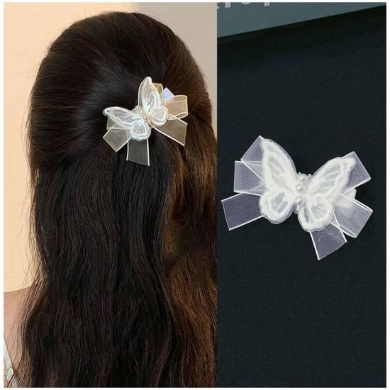 Barrette Enfant Noeud Papillon Satin Bleu & Dentelle - Style Lolita Mignon !