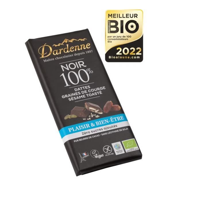 Tablette de chocolat noir 100% dattes, graines de courge et sesame toaste 100 g Dardenne BIO VEGAN