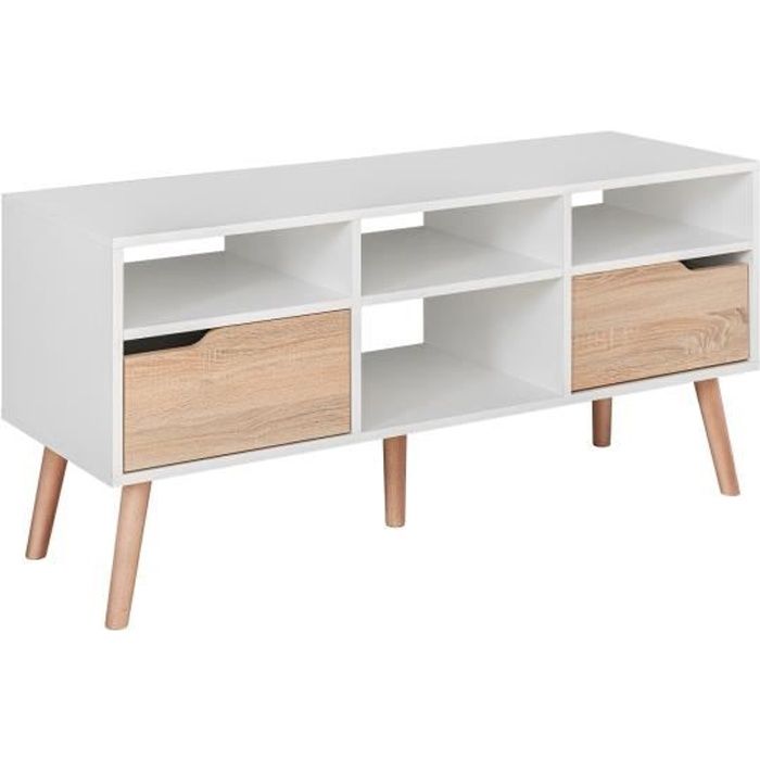 SVEN - Meuble bas TV style scandinave salon séjour - 117x58x38 cm - Meuble télévision avec rangements 2 tiroirs - Aspect bois -