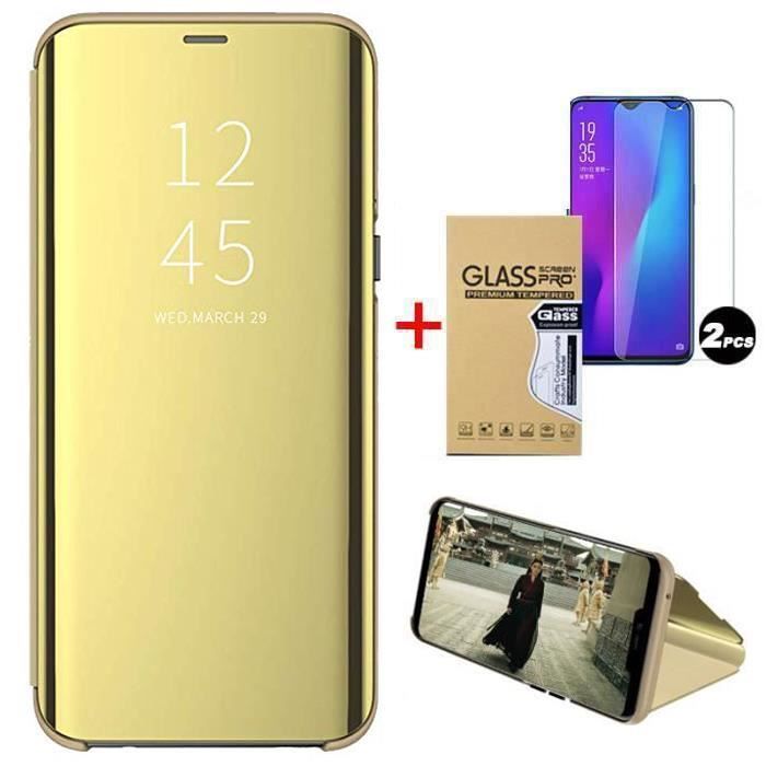 Coque Samsung Galaxy A32 (5G), Clear View Cuir Silicone Ultra-mince Support Antichoc Avec 2 Film Verre trempé, D'or