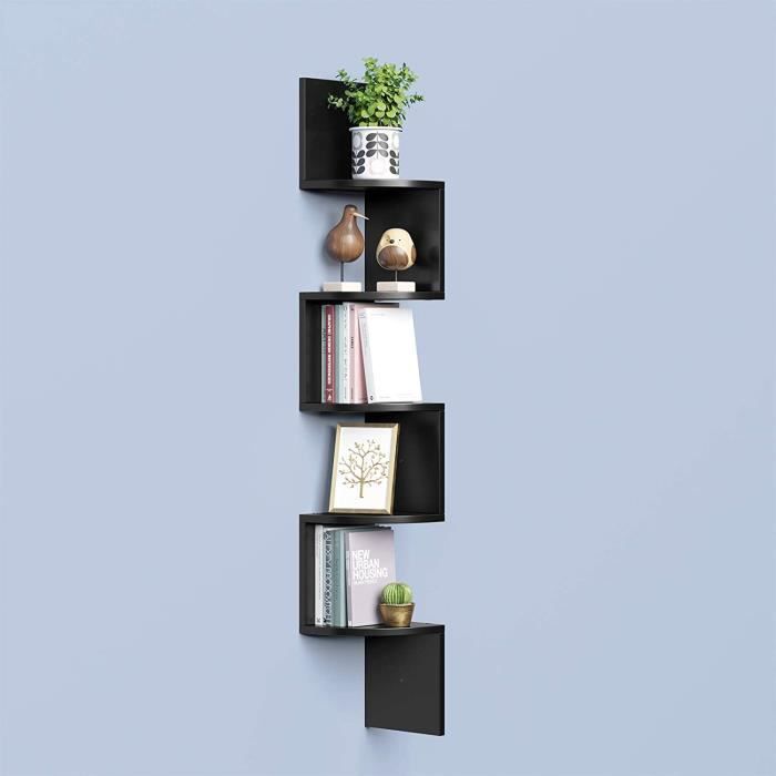 B.LIVEM® 5 Tiers Etagère d'angle Bois, Étagère Murale Suspendue en Forme Zigzag, 20*20*123 CM Noir