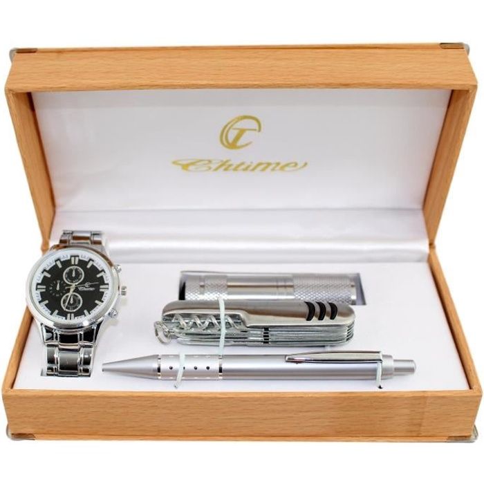 COFFRET CADEAU MONTRE HOMME + STYLO + COUTEAU +LAMPE