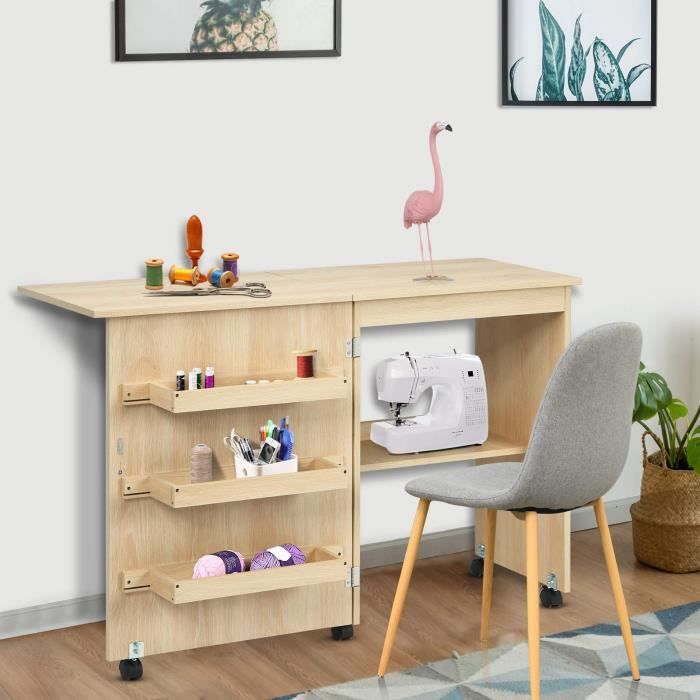 DREAMADE Table pour Machine à Coudre en Bois Pliable et Mobile, Armoire Machine à Coudre avec 4 Étagères, 116,5 x 49,8 x 77,5CM
