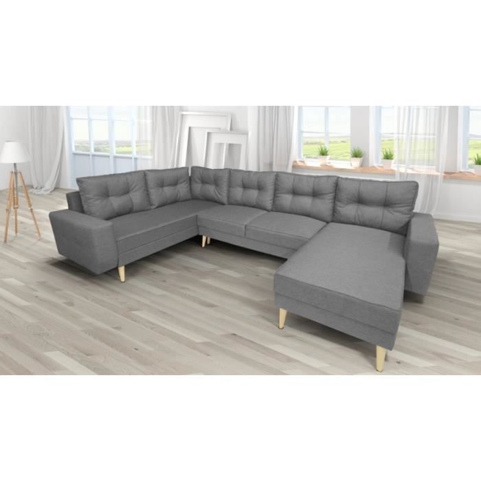 Canapé panoramique en U convertible HOLIA II gris angle gauche style scandinave