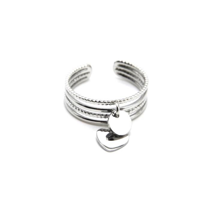 BG1430 - Bague Multi-Rangs avec Pampilles Médaille et Coeur Acier Argenté