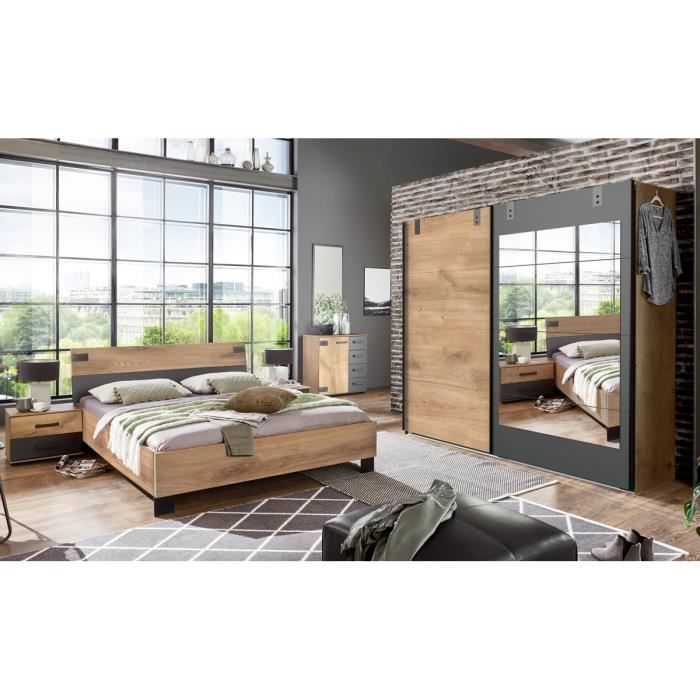 Chambre à coucher complète adulte (lit 180x200cm + 2 chevets + armoire + commode) coloris chêne foncé