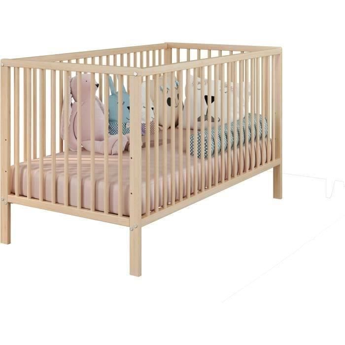 Lit bébé à barreaux - Couchage 70 x 140 cm - Hêtre massif teinté naturel - 3 hauteurs réglables - L 144 x H 84 x P 78 cm - TRENDTEAM