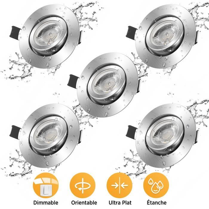 Wowatt 5×7W LED Spot Encastrable Dimmable IP44 Blanc Chaud 2800K Equi. 70W Ampoule Halogène Plafonnier Encastré 700LM 220V