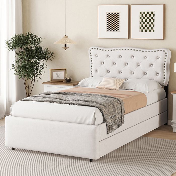 Lit adulte Lit plat 90x200 cm lit rembourré tapisserie de chevet avec rivets décoratifs double tiroirs Beige Lit adulte Lit plat 90x200 cm lit rembourré tapisserie de chevet avec rivets décoratifs double tiroirs Beige