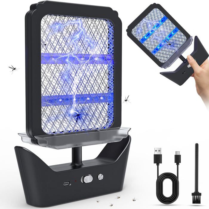 Lampe Anti-Moustiques 2 En 1 UV + Raquette Électrique - Rechargeable 4000mAh, 360° - Pour Jardin, Terrasse, Camping (Intérieur/Extérieur)