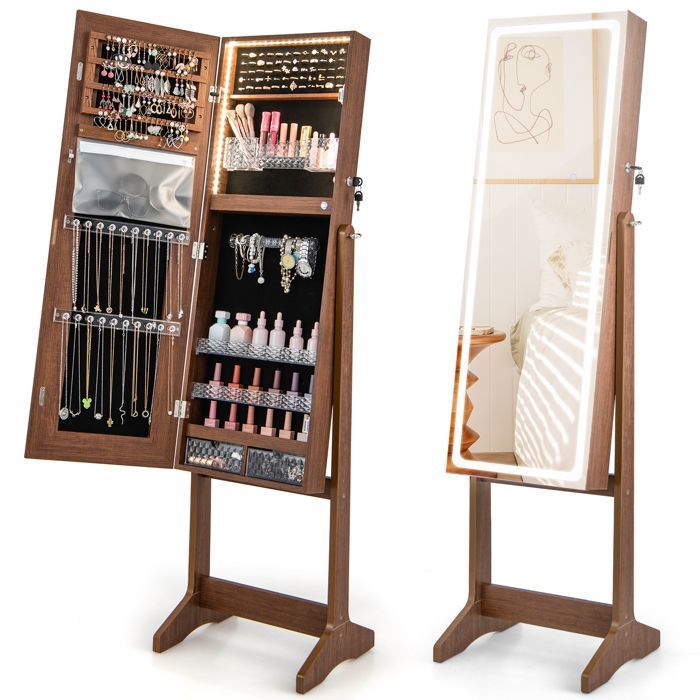 Armoire à Bijoux avec Miroir - RELAX4LIFE - Lumières LED 3 Couleurs - Grande Capacité - Miroir de Maquillage Intégré - Noyer
