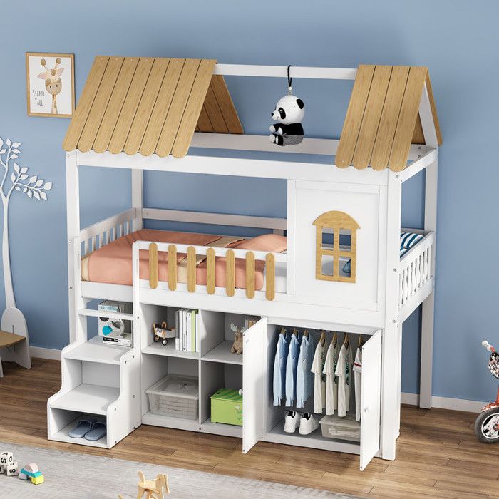Lit Superposé 90x200 - Grand espace de rangement (Dressing/Étagère/Banc) Beau toit marron Pin Naturel Norme EN747 l