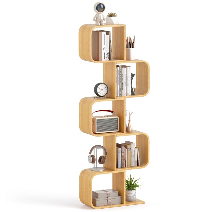 COSTWAY Bibliothèque en Forme de S à 5 Niveaux en Bambou 5 Cubes Ouverts Etagère de Rangement au Sol pour Salon Bureau Chambre