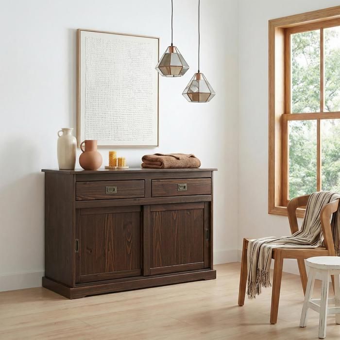 Buffet SAVONA bahut vaisselier commode avec 2 tiroirs et 2 portes coulissantes en pin massif coloris noyer Buffet SAVONA bahut vaisselier commode avec 2 tiroirs et 2 portes coulissantes en pin massif coloris noyer