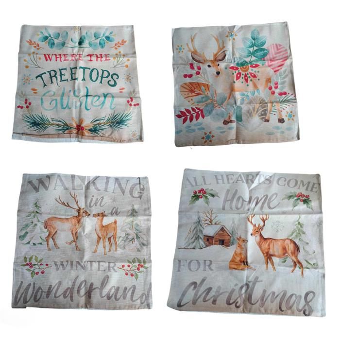 Housses de Coussin - PAPU - 50 x 50 cm - Lot de 4 - Lin de coton - Motifs de Noël